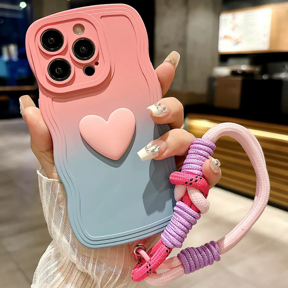 Laudtec Sjk913 3D Heart Phone Case Cute Love Cover Wave Frame Silicone Lanyard Shockproof Shell For Iphone 16 15 14 Plus Pro Max