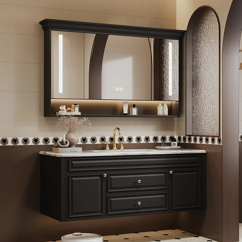 product popular oak retro wall mounted bathroom cabinet combination bathroom textured vanity with intelligent mirror-5