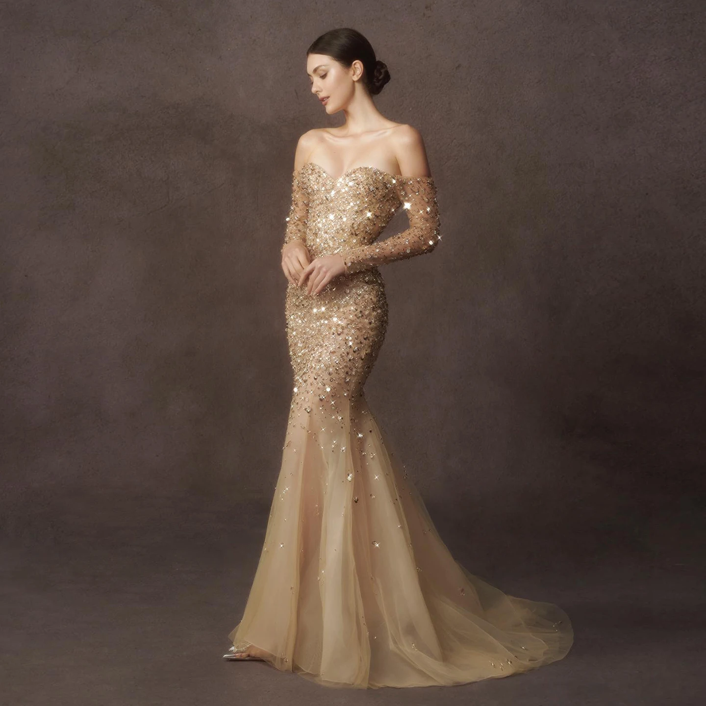 Luxury Dubai Champagne Gold Mermaid Evening Dress With Detachable
