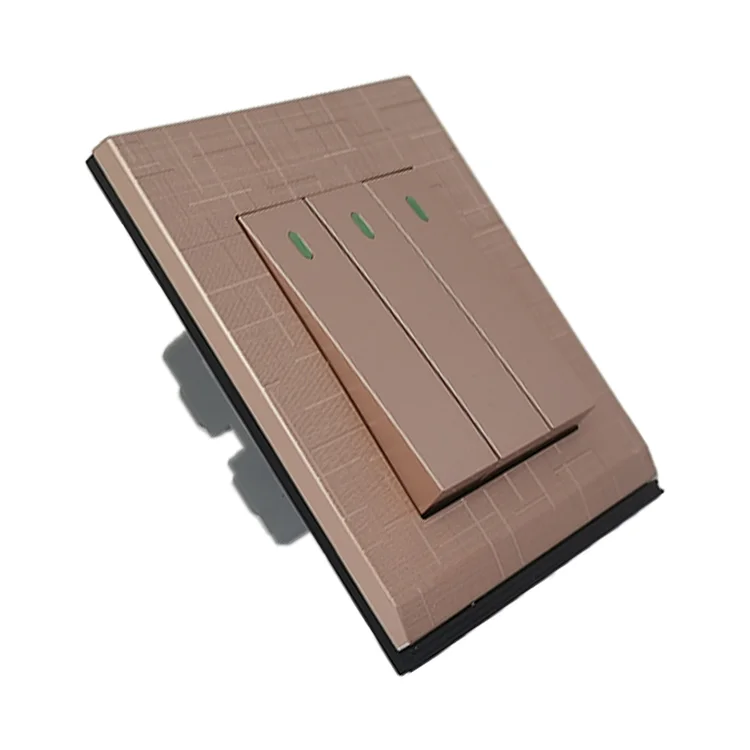 VNX UK Standard Gold Wire Drawing Color There Gang 10A Wall Switches With Neon Electrical Switches for Home