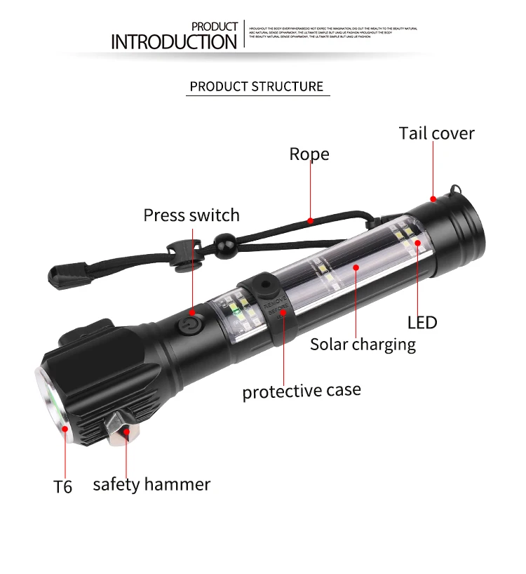 Emergency MultiFunction Outdoor Solar Power Tactical Flashlight Safety Hammer Seat Belt Cutter Flashlight with USB Charge manufacture