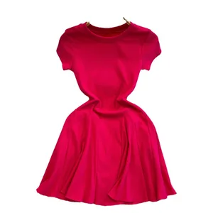2026 Summer Korean Fashion Hot Girl Casual Puffy Dress Short Sleeve Round Neck Natural Waist Slimming Solid Color Woven Method
