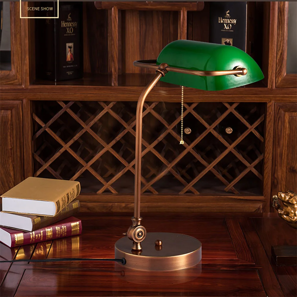 Industrial Retro Banker Table Lamp Copper Finish Stand Nodric Green Glass  Shade Lamp Perfect for University Library Read, image size:1000x1000