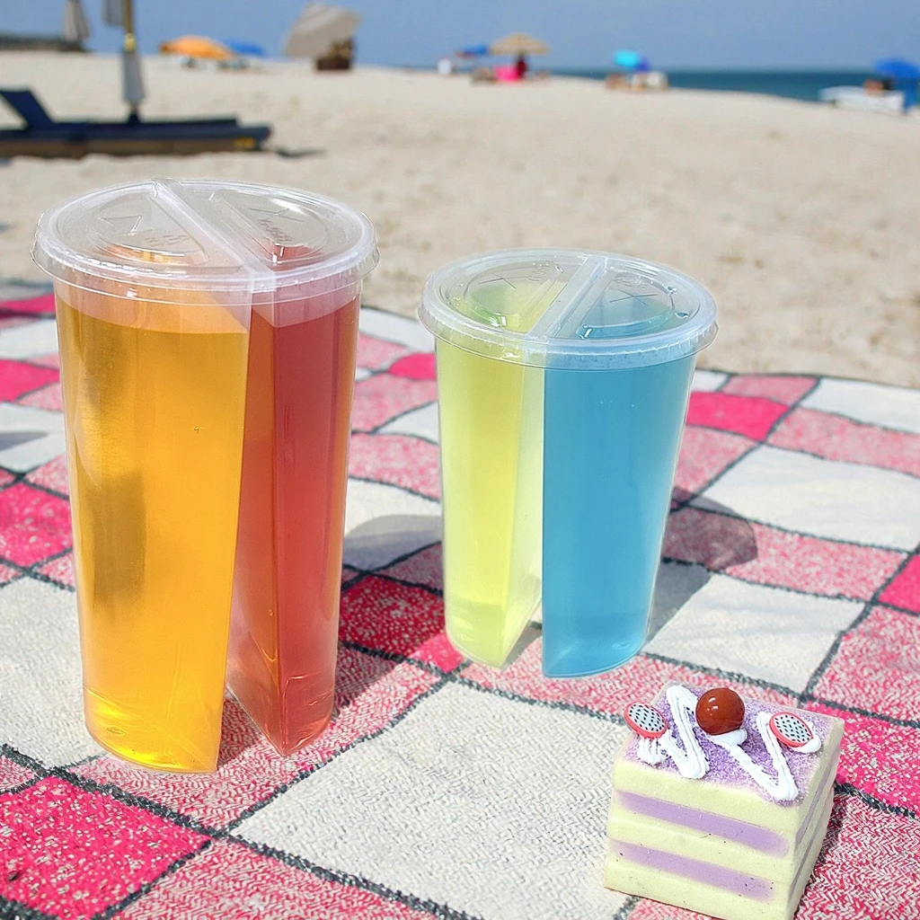 Split 700ml Disposable Plastic Share Cups Frozen Drink Two Pieces Cups Two in One Twins Cup