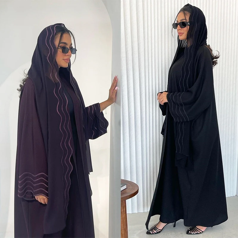 Women's Eid Muslim Wave Embroidery Hijab Abaya Long Dubai Kaftan Robe with Polyester Scarf Cardigan Party Dresses for Jalabiya
