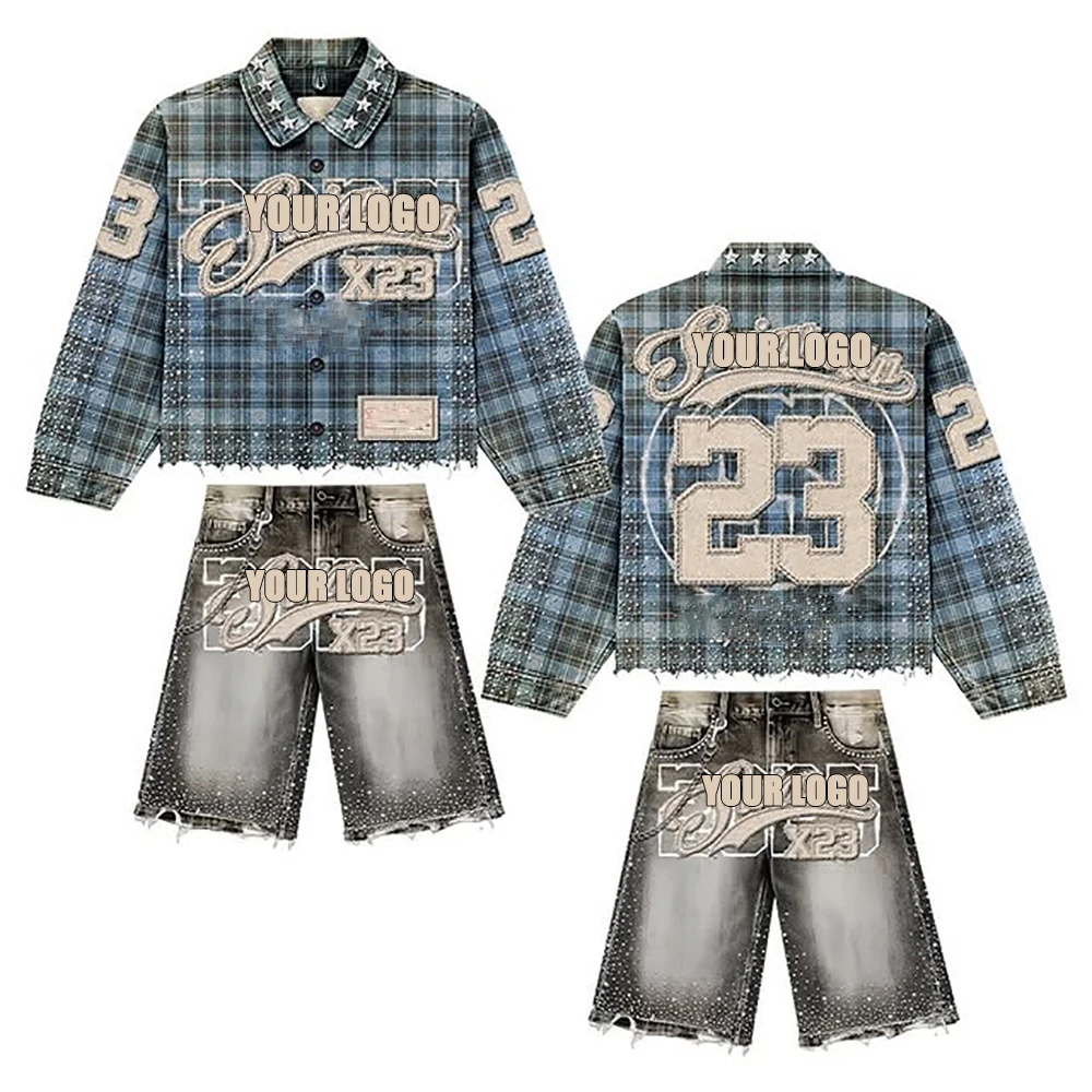 Streetwear Custom Patch Embroidery logo Distressed Vintage Wash Rhinestone Long Sleeve Plaid Shirts and Denim Shorts Set supplier