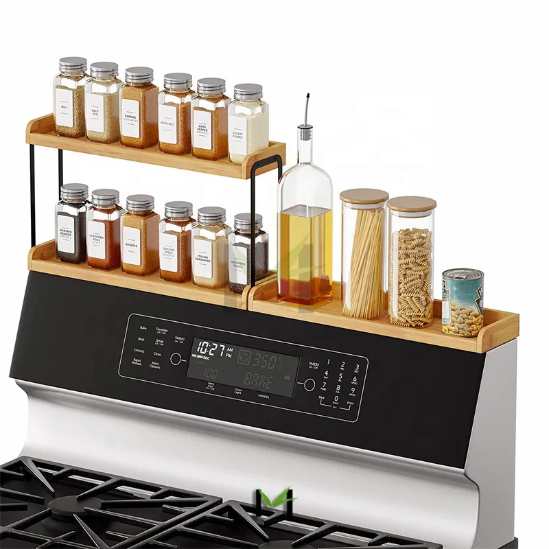 Bamboo Stove Top Shelf With Labels Spice Rack Over Oven 2 Tier