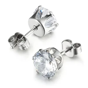 Trendy Stainless Steel Cubic Zirconia Princess-Cut Solitaire Stud Earrings for Women and Men Butterfly Push-Back