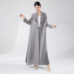 2025  New Abaya Miyake Pleated Turndown Collar Double Breasted Button Long Sleeve Abaya Women Casual Abayas