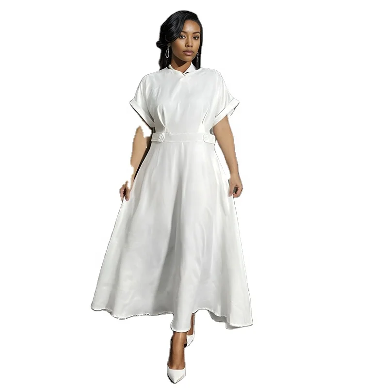 New Fashion Elegant White Dress Lady Daily V Neck a Line Solid Color Short  Sleeves Maxi Dresses for Women T109