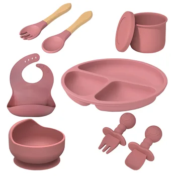 Eating Utensils Silicone Feeding Set with Suction Bowl Divided Plate Spoons Forks Adjustable Bib