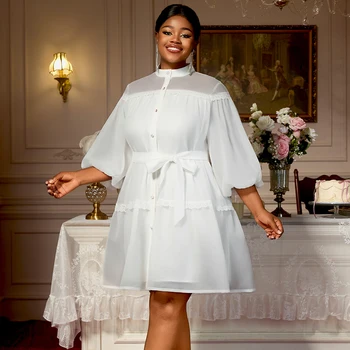 AM050315 Stand Collar Lantern Sleeve Belted a Line White Plus Size Casual Dress Women Lady Elegant Summer