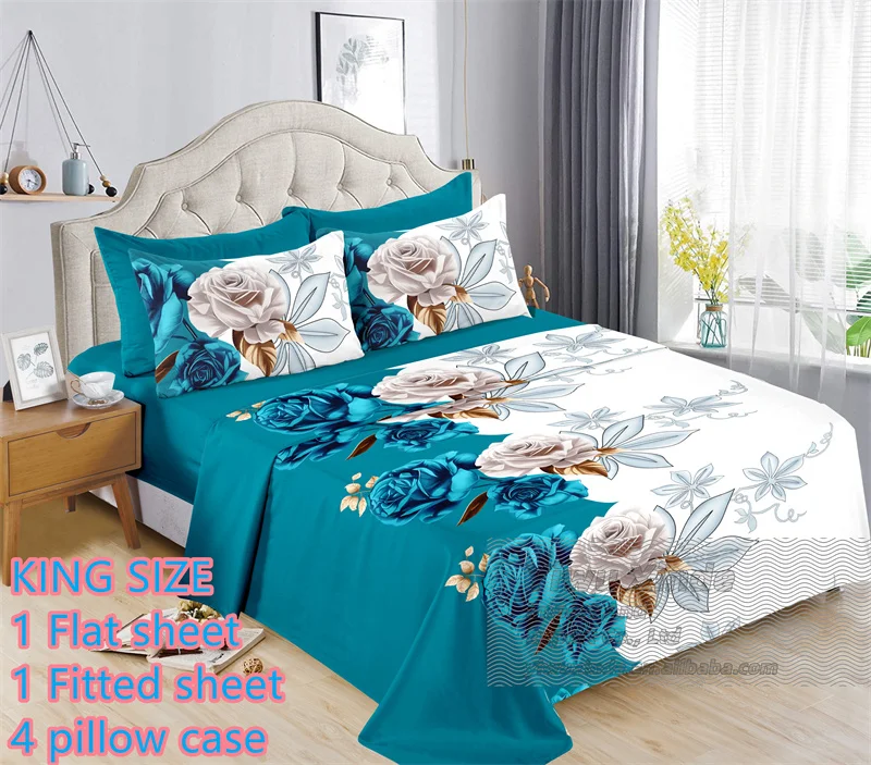 Ready to Ship 6 Pieces Bed Sheet Set king Size Cotton Flat Fitted Sheet with Pillowcases Cheap Price Floral Printed  Bedding Set