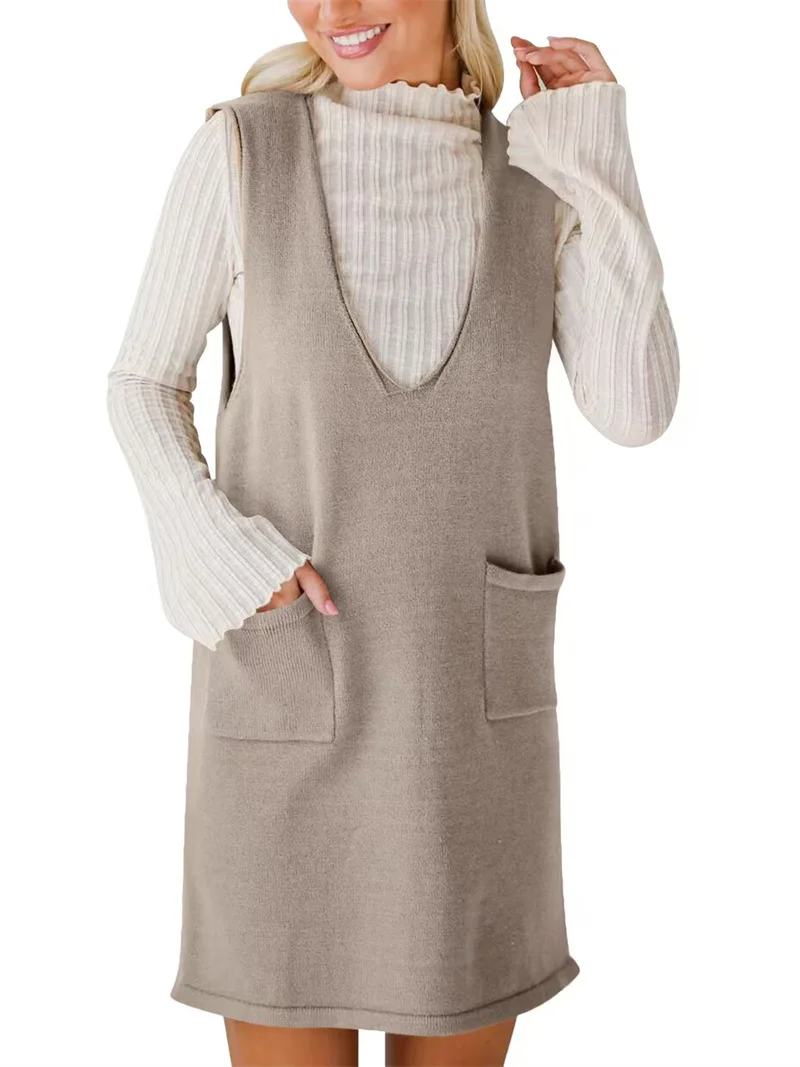 Winter V-Neck Sleeveless Knit Dresses - Casual & Versatile
