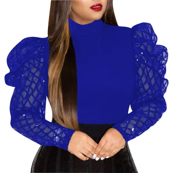 New Fall Patchwork Sequined Fashionable Elegant Ladies Shirt Tops Puff Sleeve Womens High Neck Blouse
