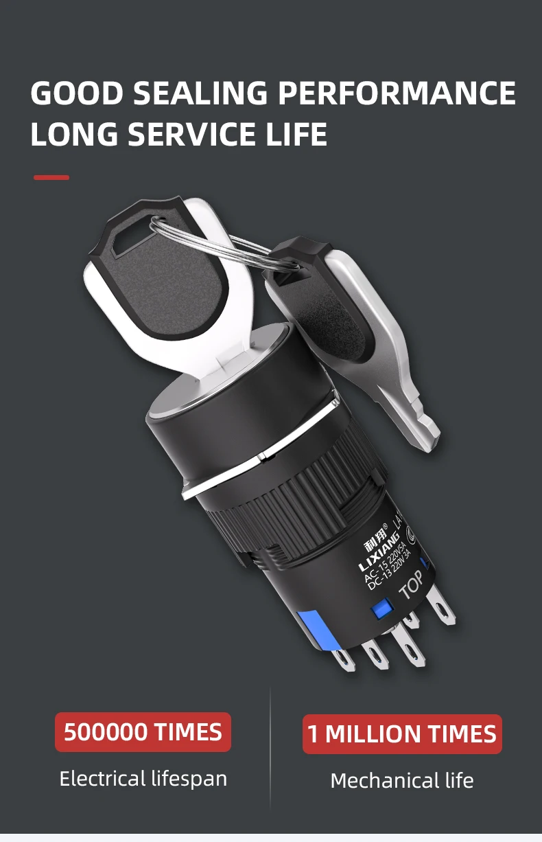 16mm Round & Square Key Knob Button Switches 2 & 3 Gears Self-Locking Rotate Brass CNC Machine Equipment Max. Current 10A