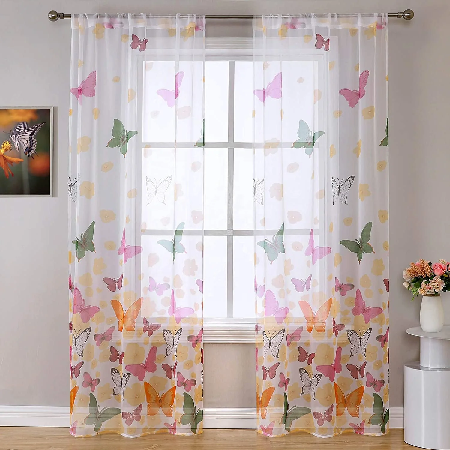 Tende Corte Trasparenti Con Farfalle E Fiori – 2 Pannelli In Voile Per Bagno/Cucina (Largo 76,2 X Lungo 61 Cm) - 2