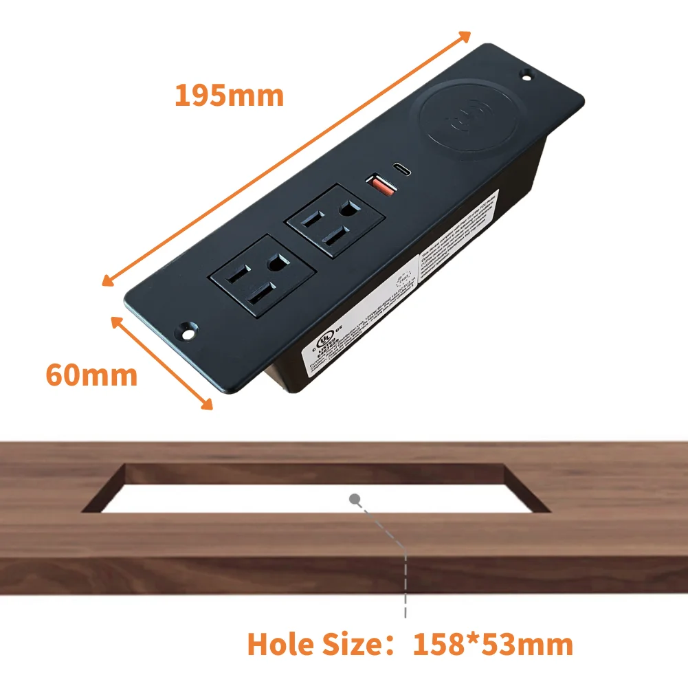 Recessed Desktop Outlet Power Strip With Usb 10w Wireless Charging Station With 2 Sockets + 2