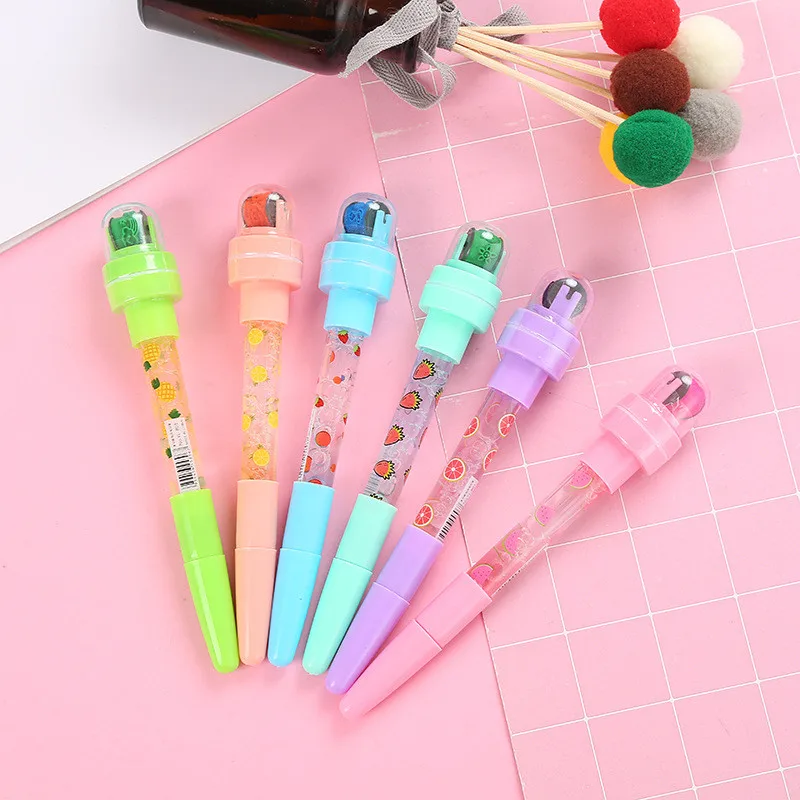 Promotion Pen 5 in 1 Multifunctional Bubble Roller Stamp School Stationery Cute Fruit Design Kids Plastic Ball Pen