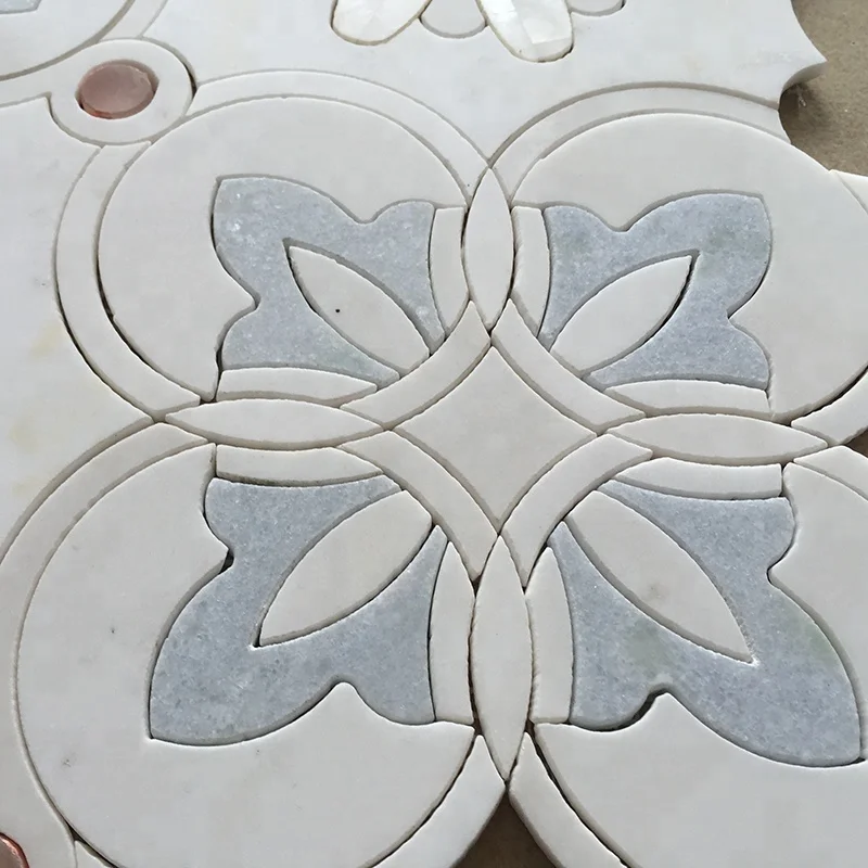 Natural Thassos White and Blue Marble Mix Mother of Pearl Shell Waterjet Flower Pattern Mosaic Tiles