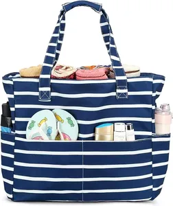 Women's Portable Large Summer Tote Bag Waterproof Blue White Stripe Dry Wet Separation Beach Gym Travel for Pool