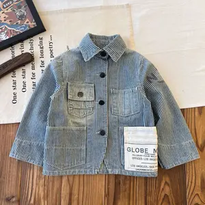 Custom Vertical Striped Denim Jacket Boys Girls' Spring Retro Neutral Torn Outerwear Cotton Filling Denim Coat Clothes for Kids