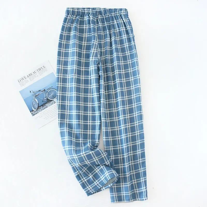 Womans Cotton Gauze Trousers Plaid Knitted Sleep Pants Men Pajamas ...