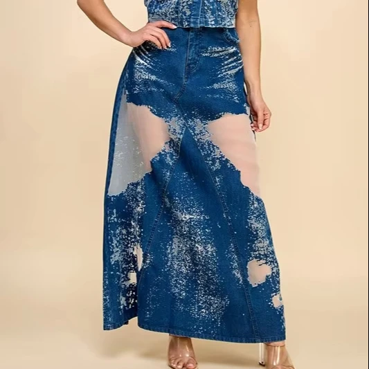 Elegant Avant-garde Burning Flower Denim Long Skirt For Women Ladies Skirt - Image 1