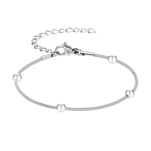 Women's Dainty Gold Plated Snake Chain Bracelet Minimalist High-Polished Stainless Steel Bead Chain Trendy Adjustable Style