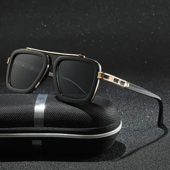 High Quality Retro Square Frame Sunglasses for Men Custom Logo Punk Style Polarized Metal Frame Black Gold Blue Lens Gray Frame