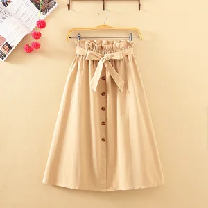 Women's Elegant Midi Skirt Korean-Style High Waist BUTTON Pleated School-Style Design for Summer & Autumn Cotton Calf-Length