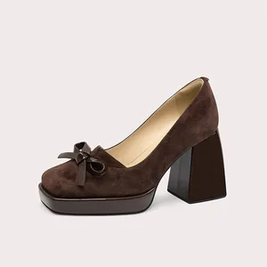 Lily Wei Chocolate Suede Block Heel Pumps Platform Bow Decor Square Toe Comfortable Durable for Office Occasion Use