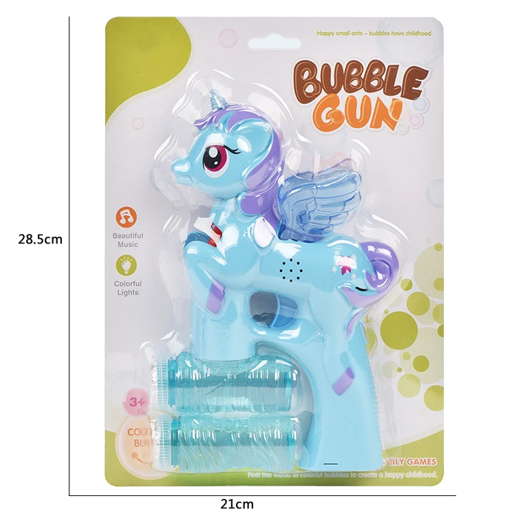 Бластер с изображением единорога со светом и звуком включает в себя 1 пузырьковый пистолет 2 бутылки Пузырькового решения для девочек