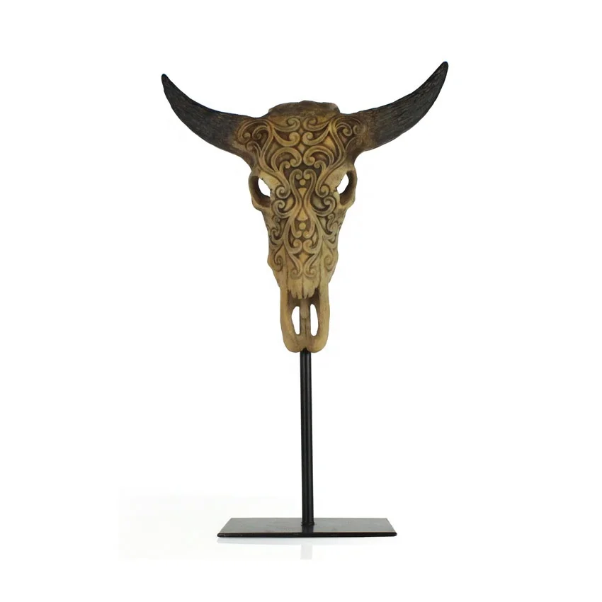 Resin crafts animal cow skull head statue on metal base ornaments desk decor