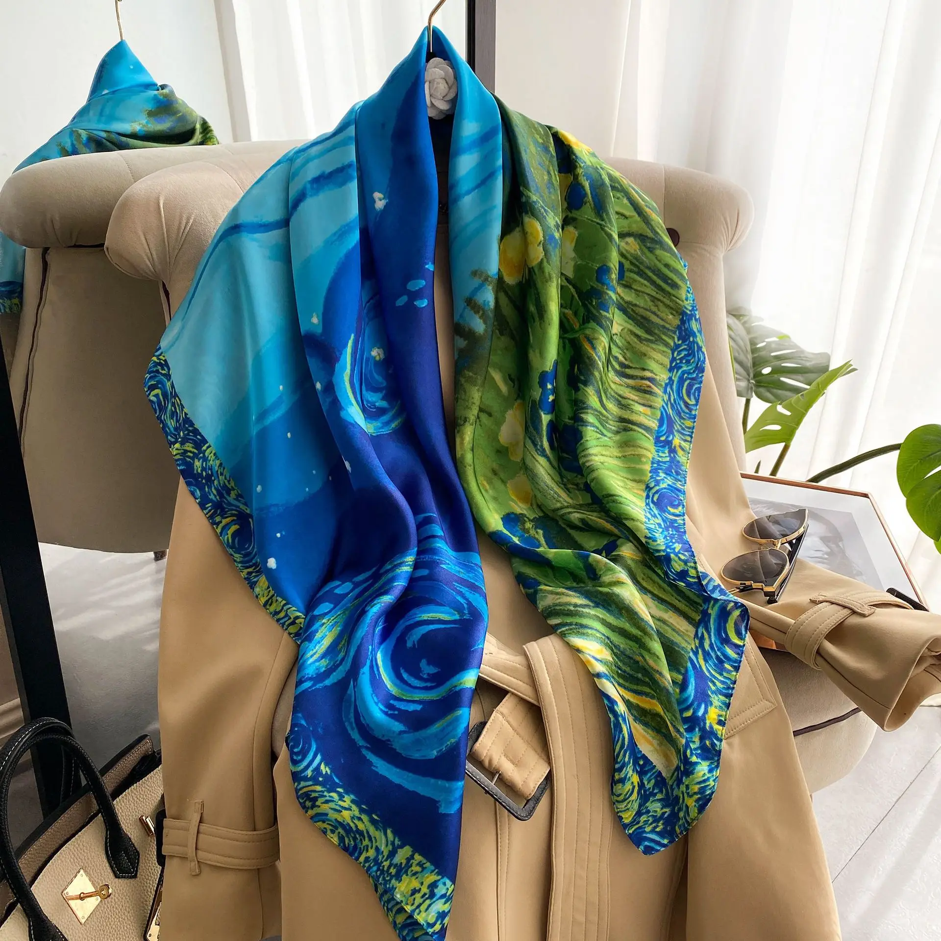 Large Naples Silk Scarf Completely Hemmed by Hand Made in 