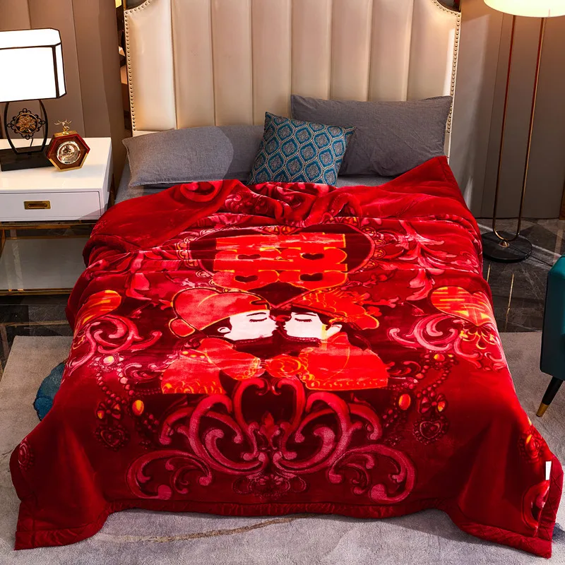 Mink Raschel Blankets 100% Polyester Custom Printed Red Pink 2ply Raschel Super Soft Blanket