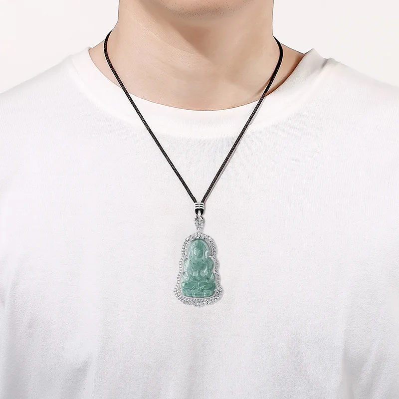 Natural a Grade Jadeite Blue Water Guanyin S925 Silver Luxury Inlaid Ice Jade Pendant for Men and Women Necklace Pendant