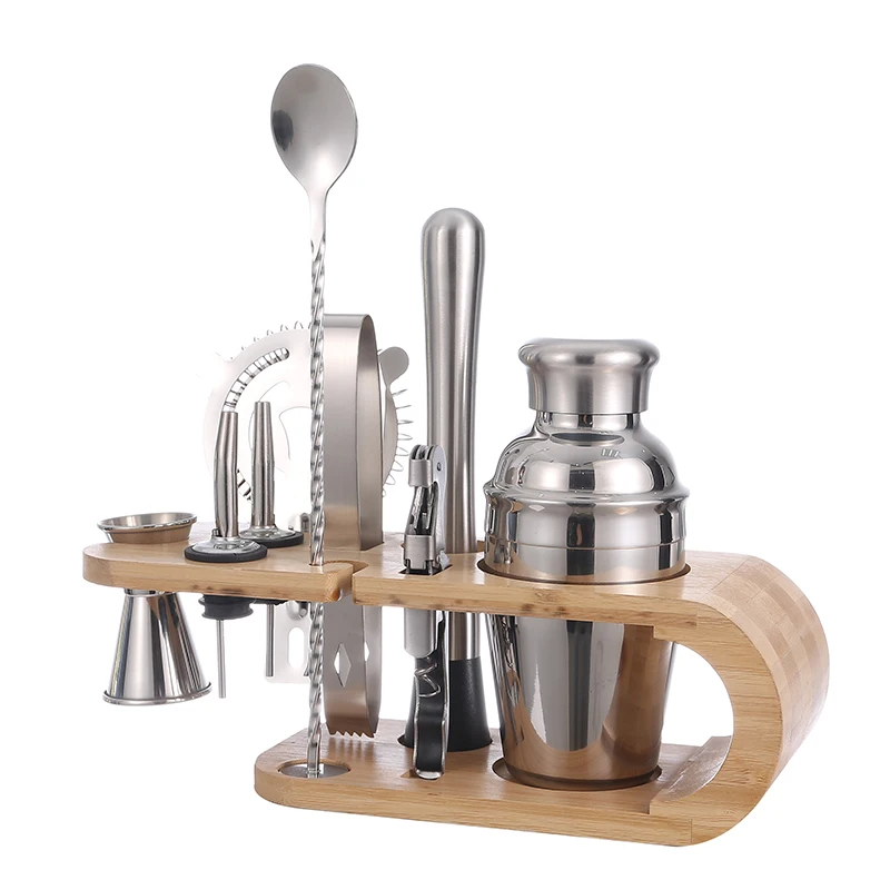 Bartender Kit Accessories Stainless Steel Making Mixer Bottle Cocktail Maker Shaker Kit Bar Set with Bamboo Stand