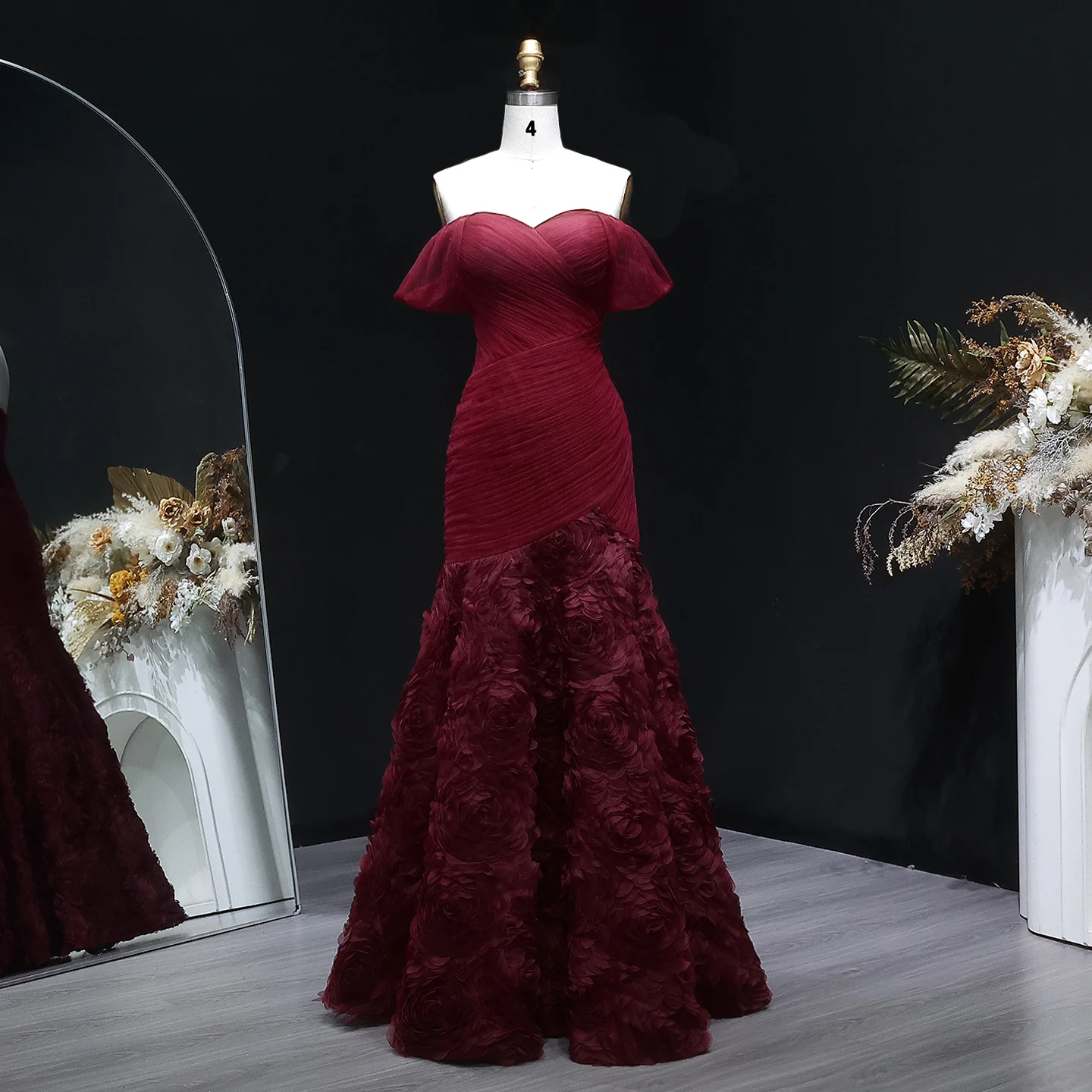 Sharon Said SF169 Elegant Burgundy Mermaid Evening Dress Off Shoulder 3D Flowers Pleated Women's Prom Party Gown Sharon Said SF169 Elegant Burgundy Mermaid Evening Dress Off Shoulder 3D Flowers Pleated Women's Prom Party Gown
