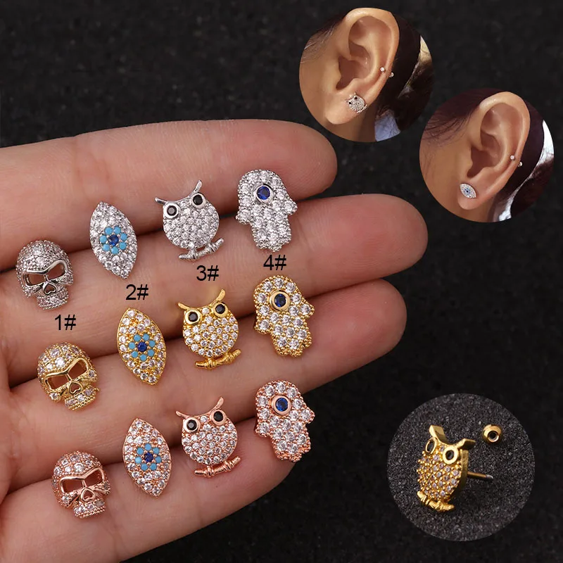20g CZ Tiny Cartilage Earrings Dainty Hand Eyes Owl Skull Skeleton Piercing  Steel Bar Earring Tragus Piercing CZ Stud Helix Ear