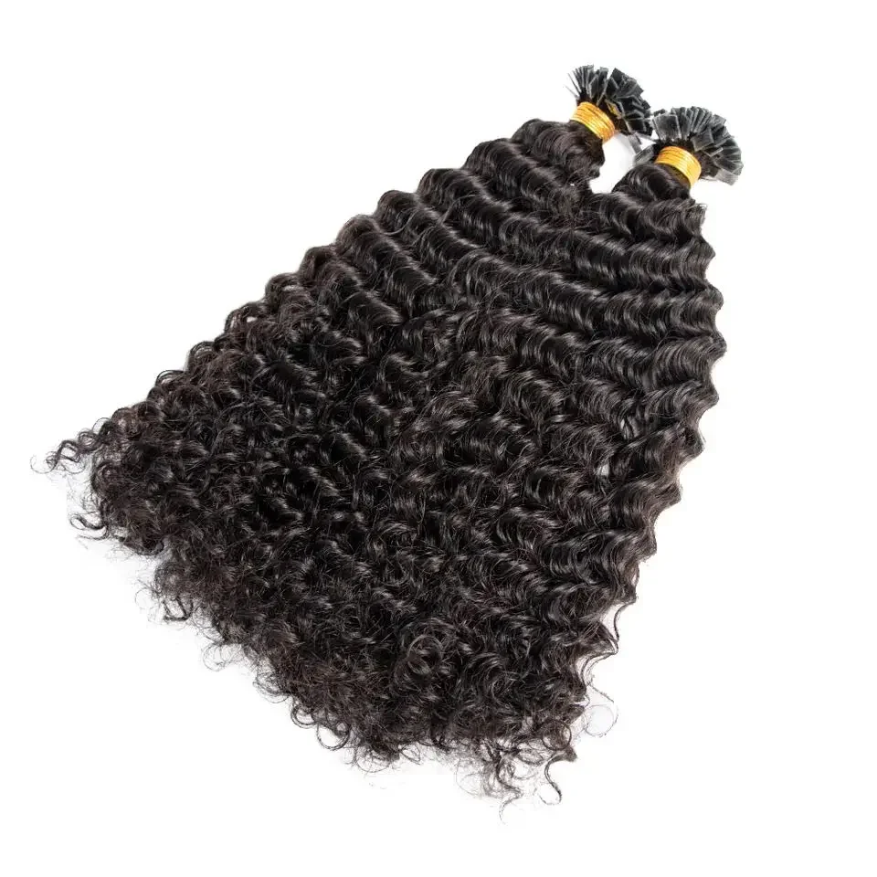 Önceden Bağlı Düz Uçlu İnsan Saçı Uzatma Derin Kıvırcık Brezilya Remy Saç Keratin Füzyon K Ucu 100g 100 Adet_voghion.com
