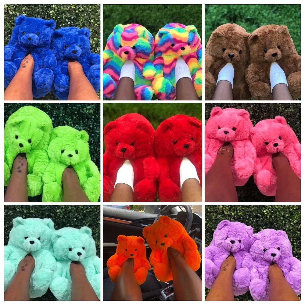 Wholesale Mommy And Me Fluffy Teddy Bear Slippers Plush One Size Fits