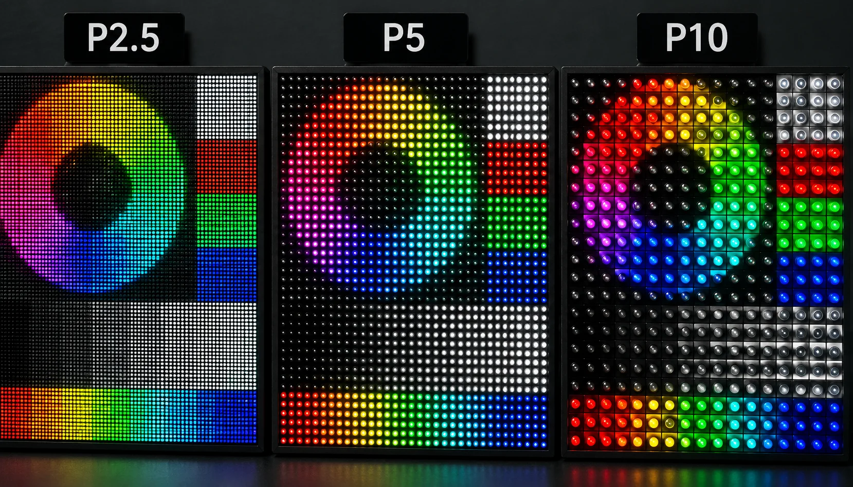 LED display screen pixel pitch comparison — close-up of different pixel densities