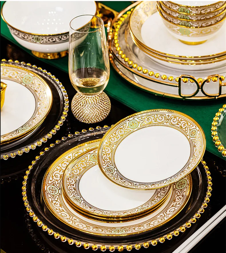 Gold Home Dinner Plates Luxury Gold Rim Bone China Dinnerware Set