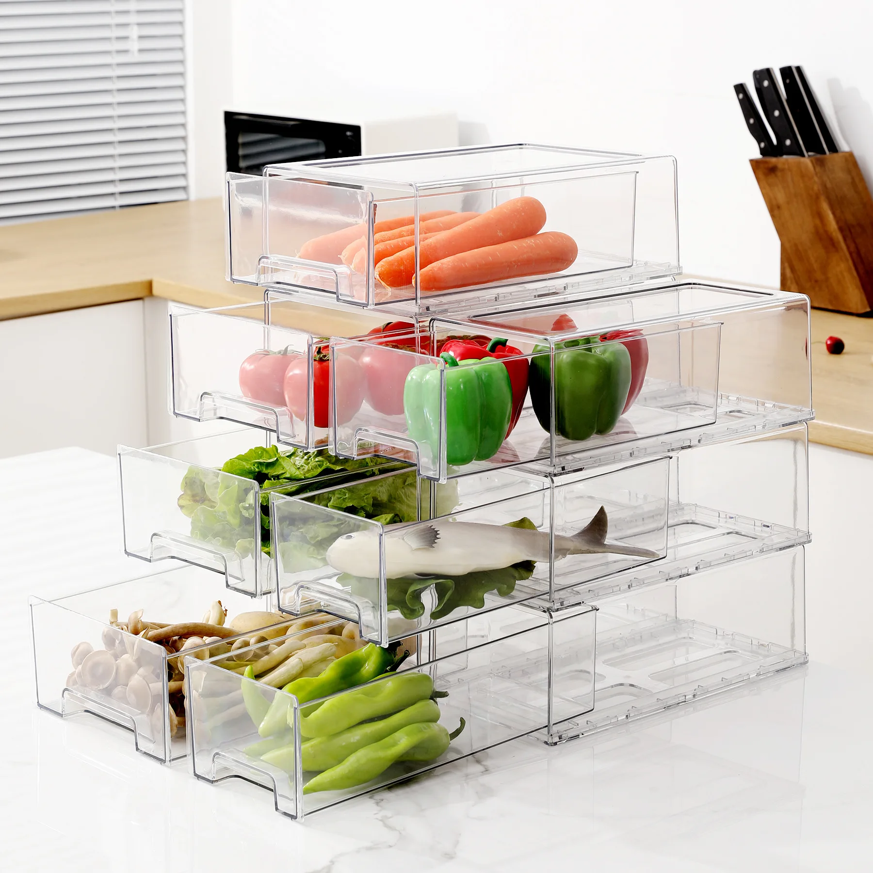 Refrigerator storage box Drawer type can stack fruit and vegetable finishing pull type storage transparent drawer box