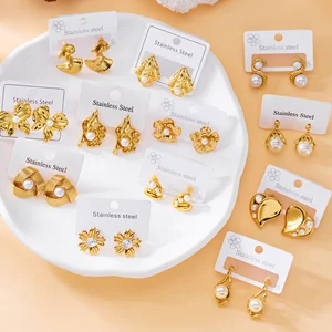 MW Wholesale Earrings Stainless Steel Gold Earrings Set with Pearl Accents Trendy Floral & Geometric Designs Drop Earrings