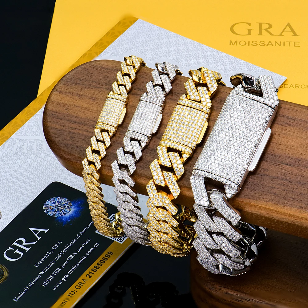 18K Gold Plated Miami Man Real Diamond 8-20mm 925 Sterling Silver Iced Out Mosssanite Moissanite Cuban Link Chain Bracelets