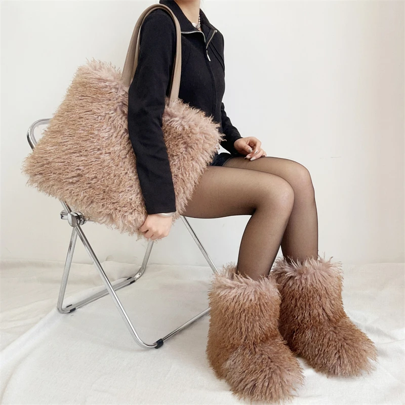 Winter Women Faux Fur Boots and Bag Set Stylish Warmth