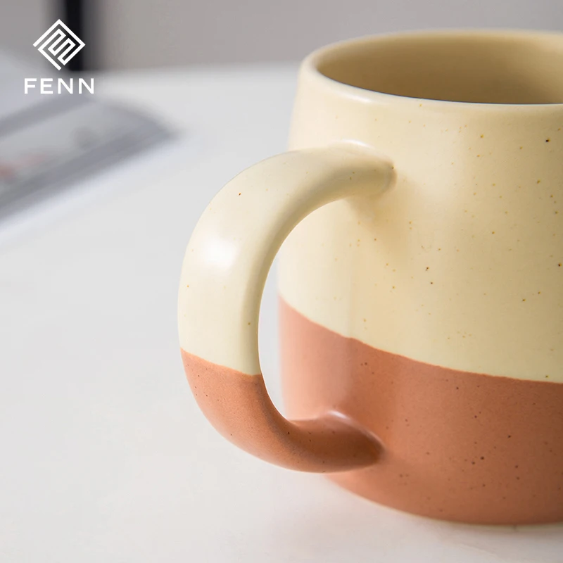 FENN Hot Sale Rustic Stoneware Latte Mug Tea Cup Speckled Glaze Double Brown Color Ceram Cafe Coffee Mugs With Wood Coaster