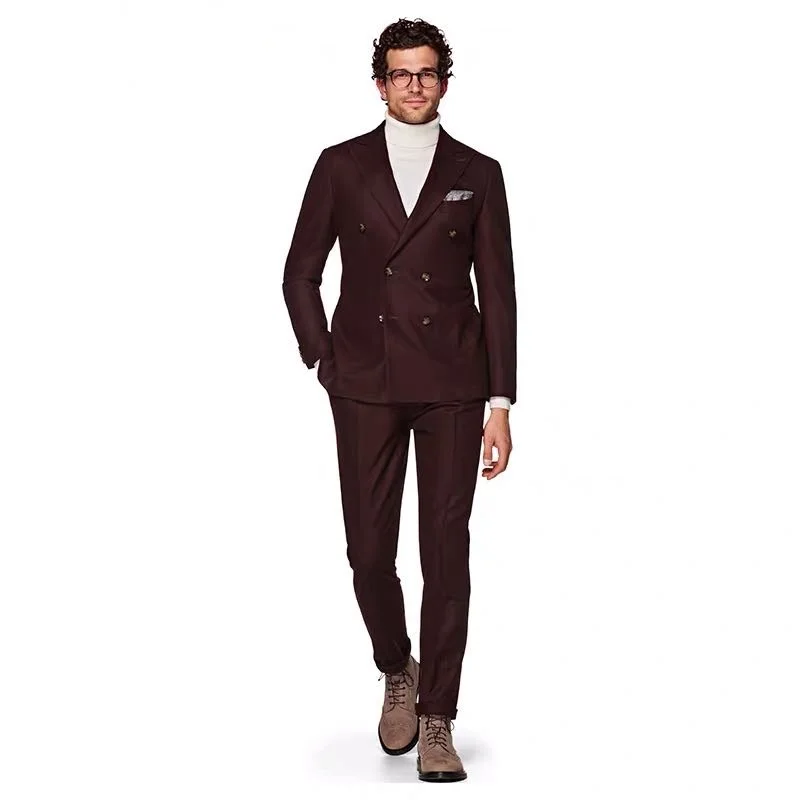Mtm Made to Measure Custom Irregular Style Men Suit Handmade Burgundy Double Breasted Man Custom Suits